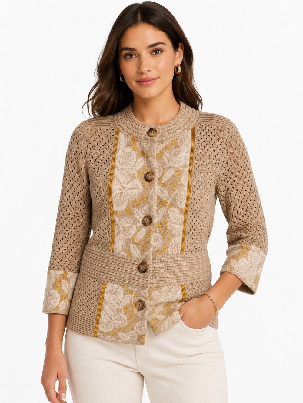 Lia Molly Beige Floral Button Front Boho Chic Wool Blend Knit Cardigan Sweater